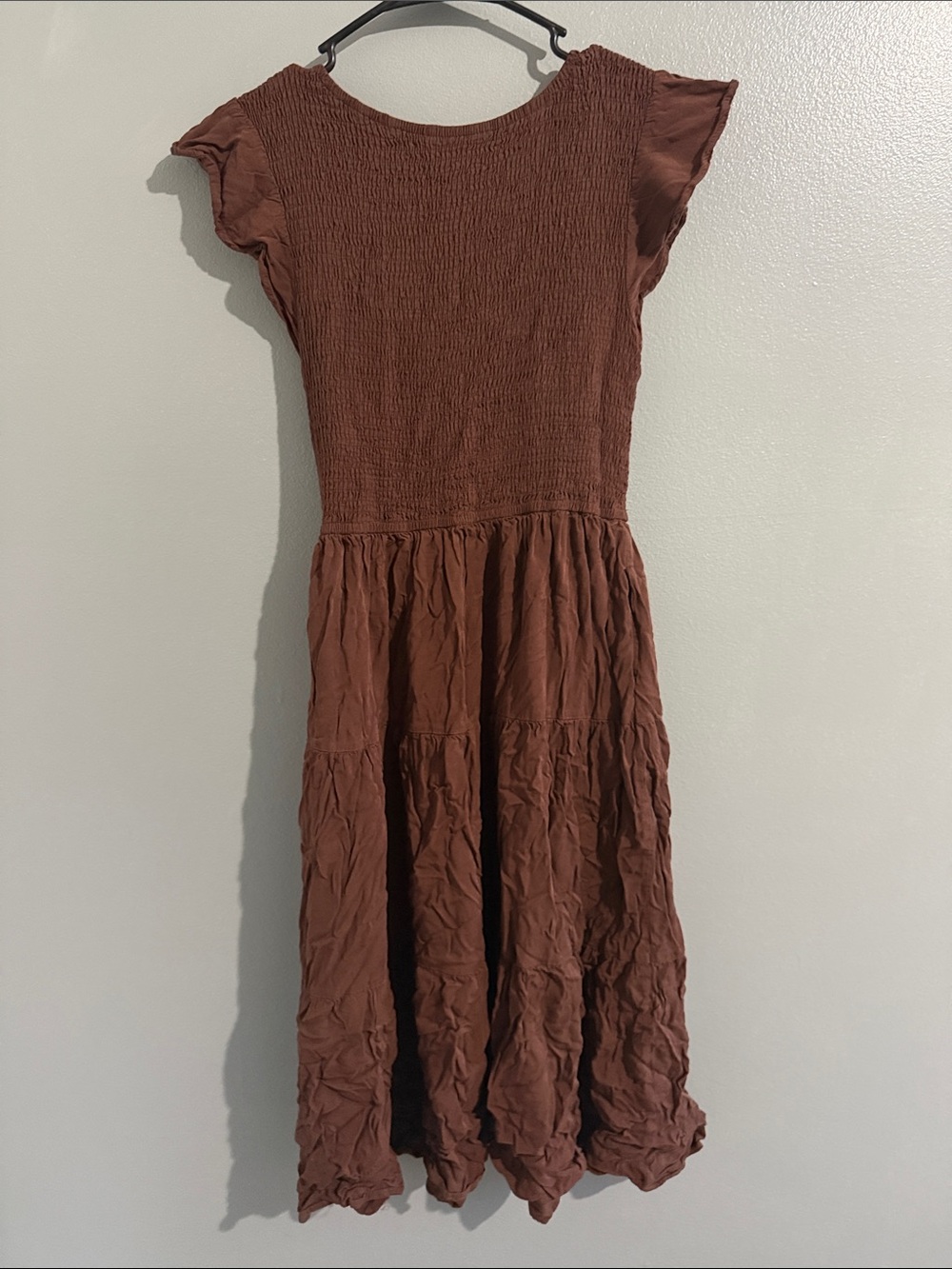 Casual Rust Brown Midi Dress with Smocked Bodice
